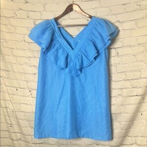 Emily McCarthy Blue Ruffled V-Neck Dress Size X-Large Excellent Condition